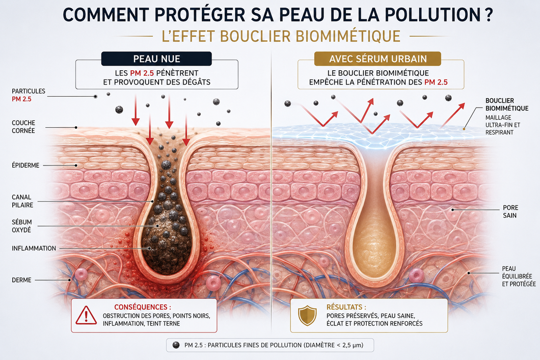 Schéma de la barrière cutanée montrant l'infiltration des particules fines PM 2.5 sans protection, comparé à l'effet bouclier biomimétique du Sérum Urbain Ponna.