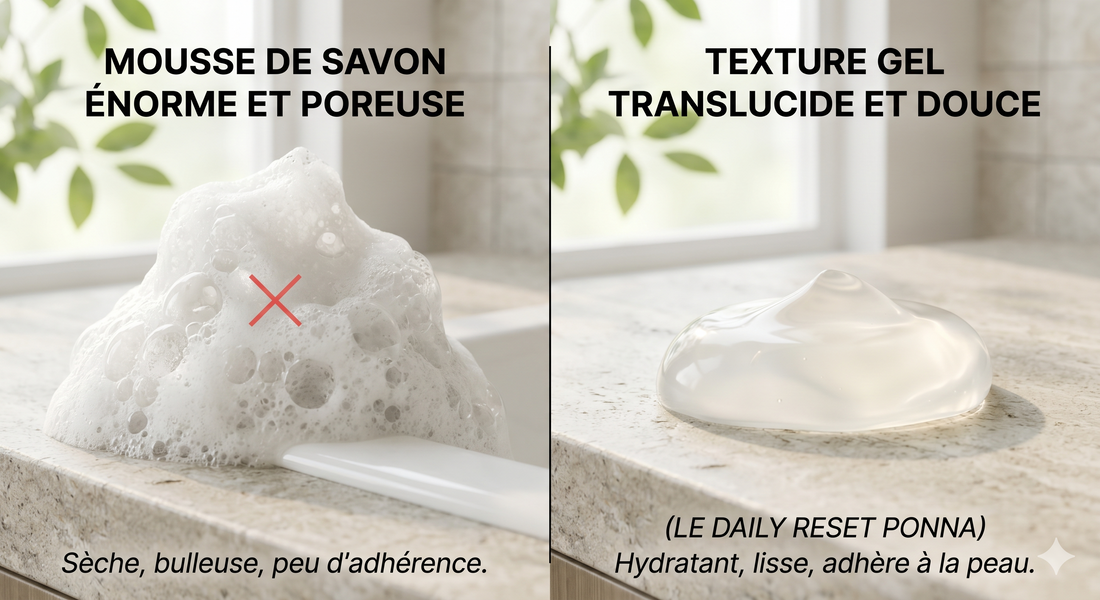 Comparaison de texture entre une mousse agressive riche en sulfates et un gel nettoyant visage doux sans savon qui respecte le pH physiologique pour préserver la barrière hydrolipidique