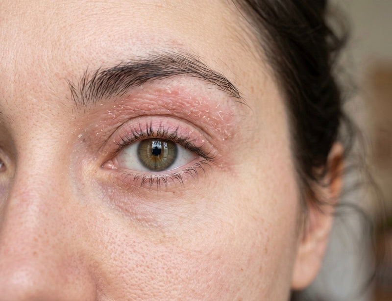 Gros plan clinique d'un contour des yeux rouge, sec et irrité, symptomatique d'une barrière cutanée abîmée et d'un microbiome déséquilibré.