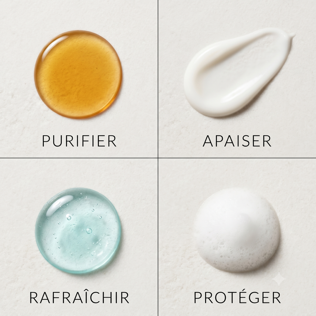 Grille minimaliste présentant 4 textures de nettoyants visage (huile, lait, gel, mousse) associées à leurs actions dermo-cliniques : purifier, apaiser, rafraîchir et protéger pour choisir son nettoyant visage