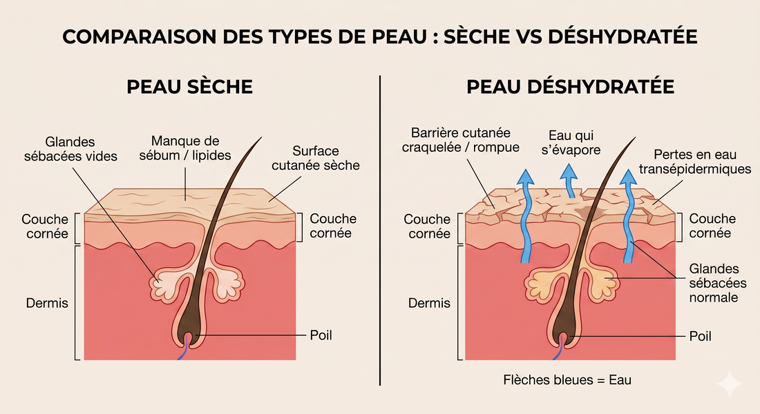 Illustration du test clinique pour faire la différence entre une peau sèche en manque de lipides et une peau déshydratée en manque d'eau.