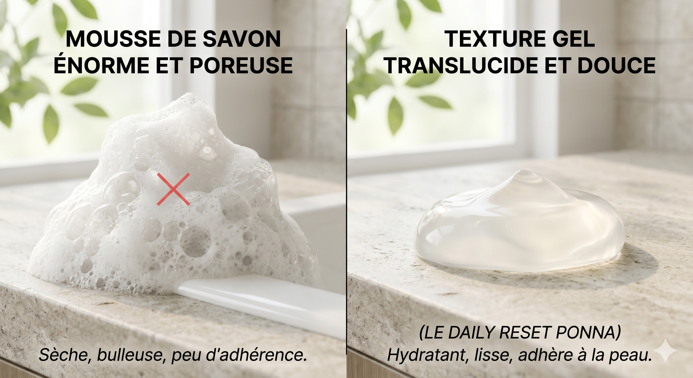 Comparaison de texture entre une mousse agressive riche en sulfates et un gel nettoyant visage doux sans savon qui respecte le pH physiologique pour préserver la barrière hydrolipidique