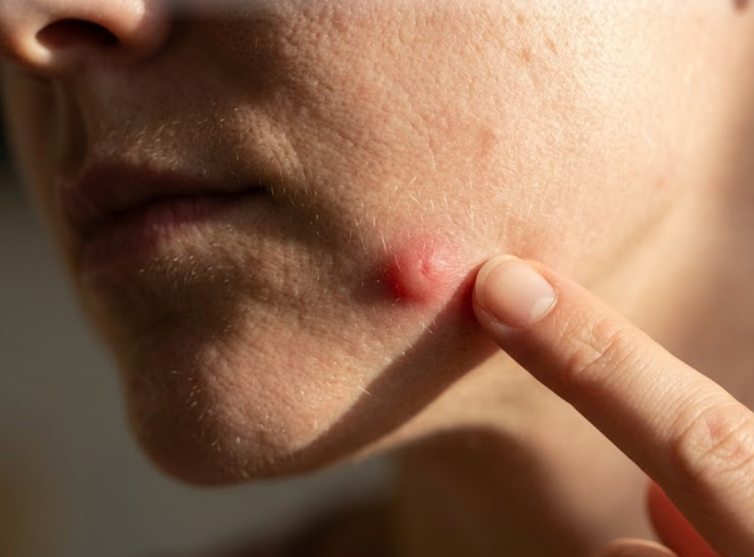 Gros plan sur la mâchoire d'une femme avec un kyste hormonal sous-cutané rouge et douloureux, touché du bout du doigt.