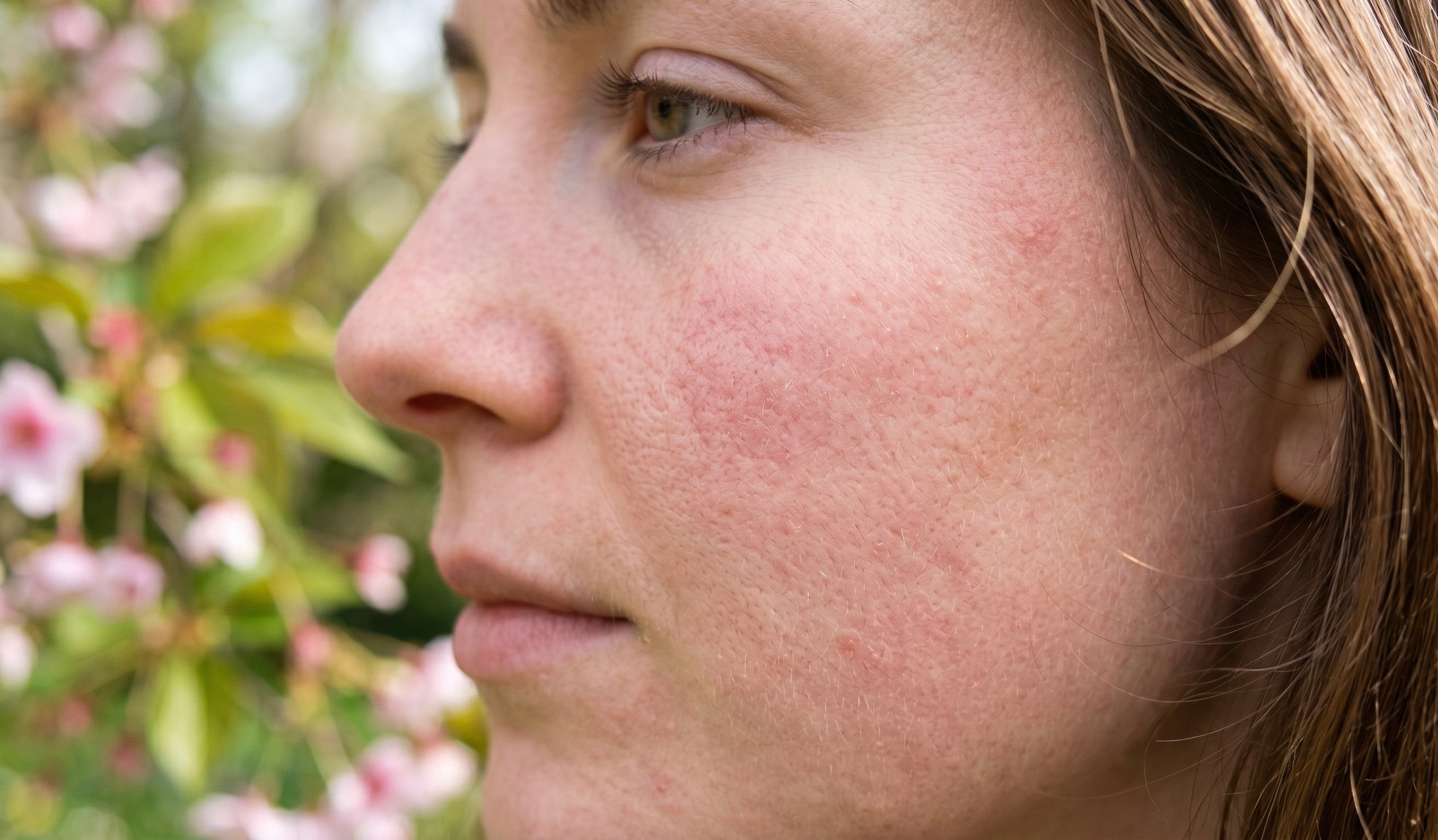 Gros plan d'un visage féminin présentant de petites rougeurs et un grain de peau irrégulier liés au burn-out printanier de l'épiderme.